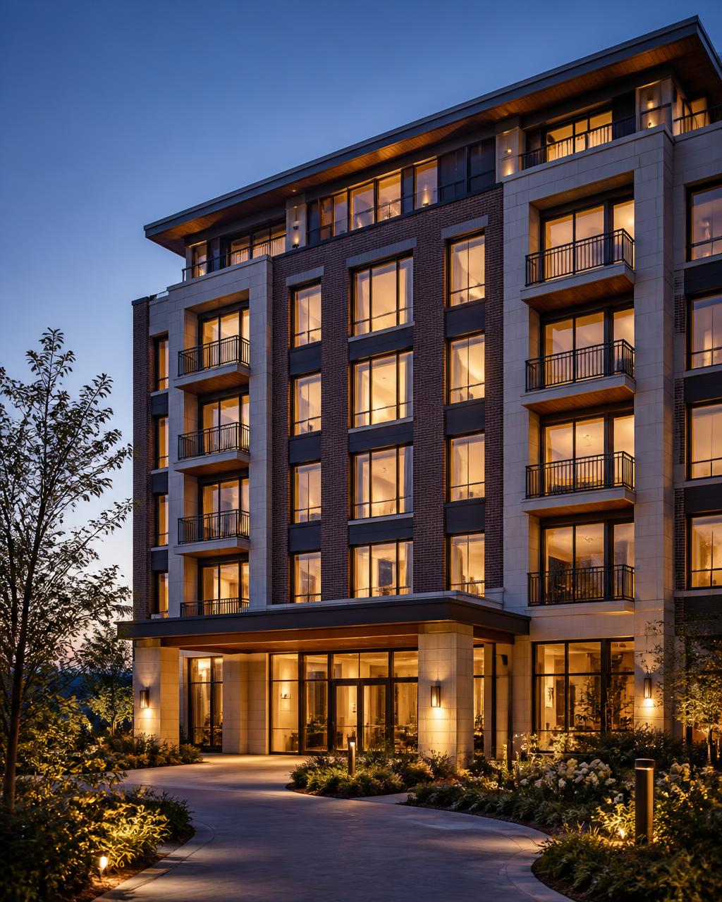 Modern multifamily apartment building with a landscaped entrance